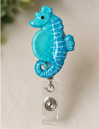 Teal Blue Sea Horse Badge Reel