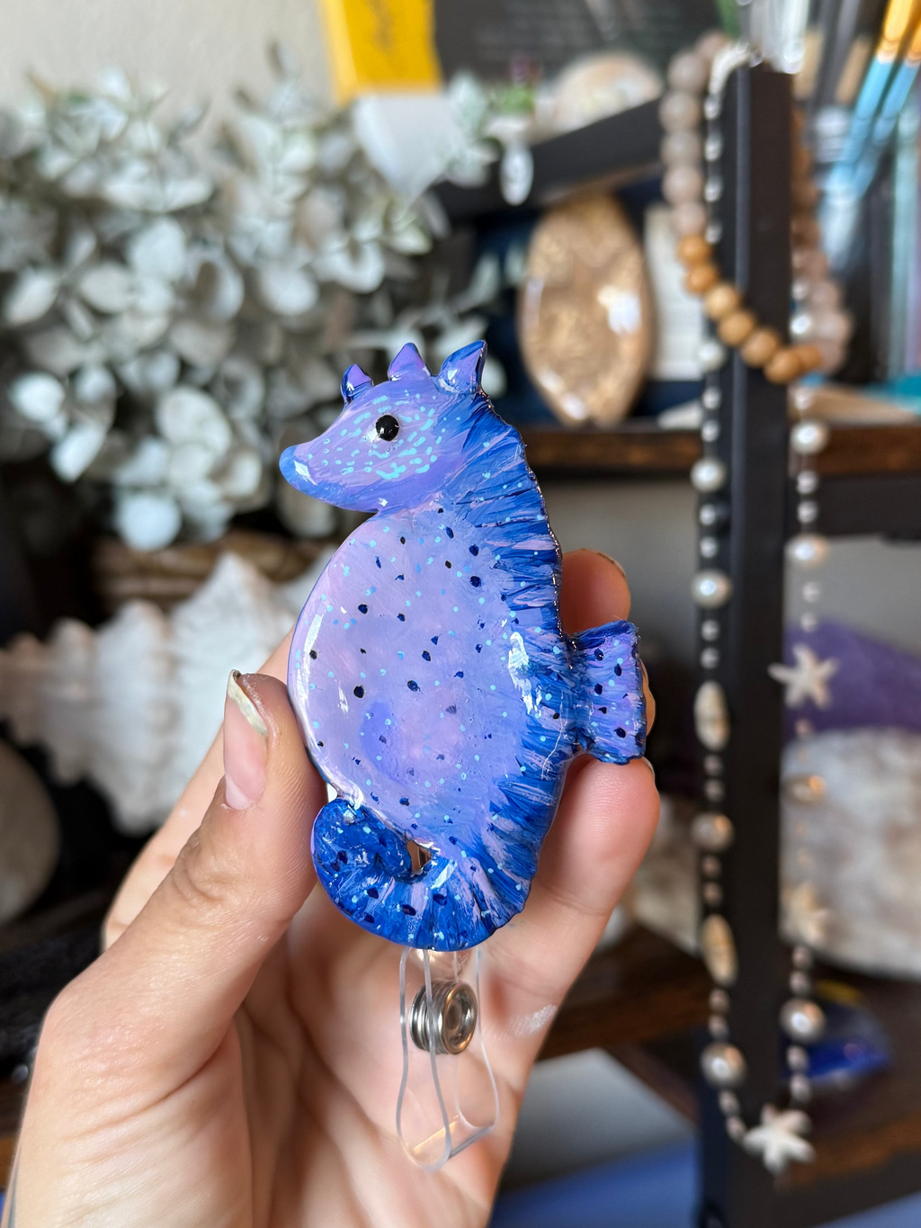 Purple Blue Sea Horse Badge Reel