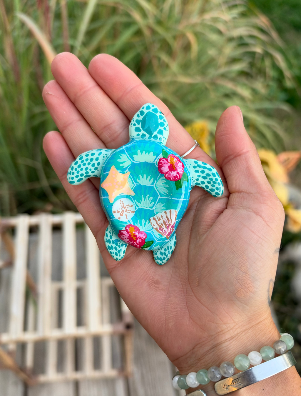 Blue Floral Sea Turtle Worry Stone