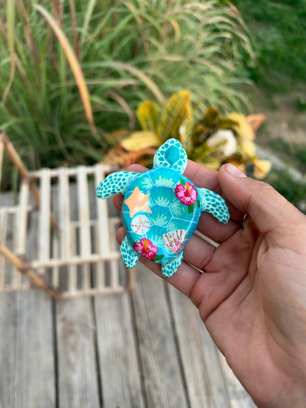 Blue Floral Sea Turtle Worry Stone