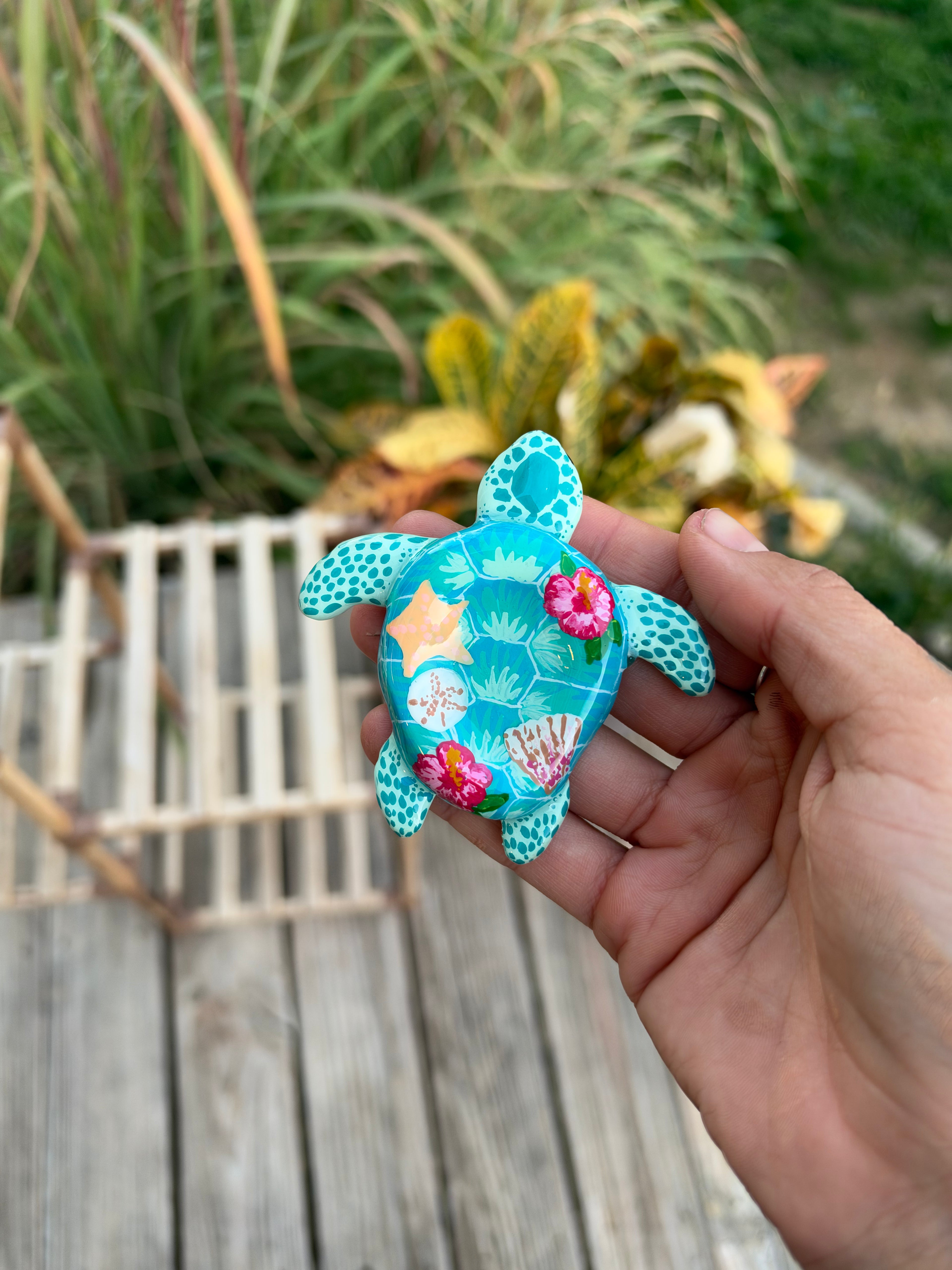 Blue Floral Sea Turtle Worry Stone